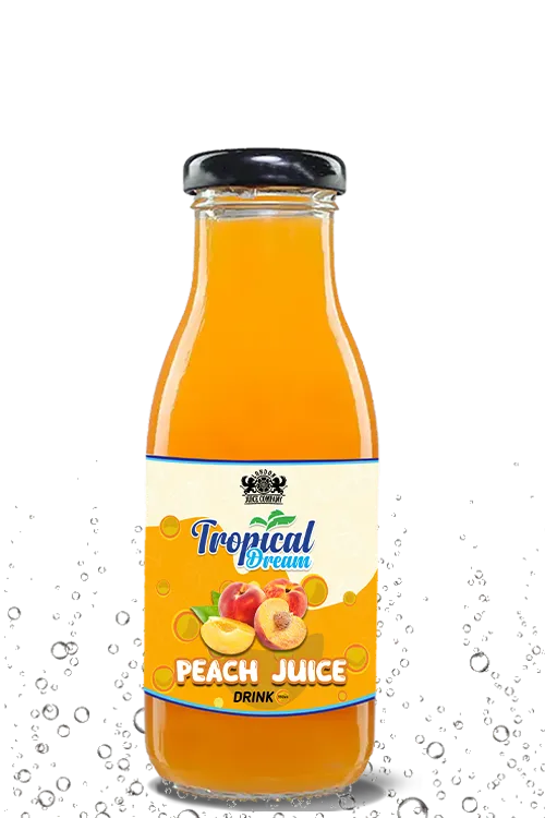 Tropical Dream Peach Juice Drink by London Juice Company in a clear glass bottle with a black cap.