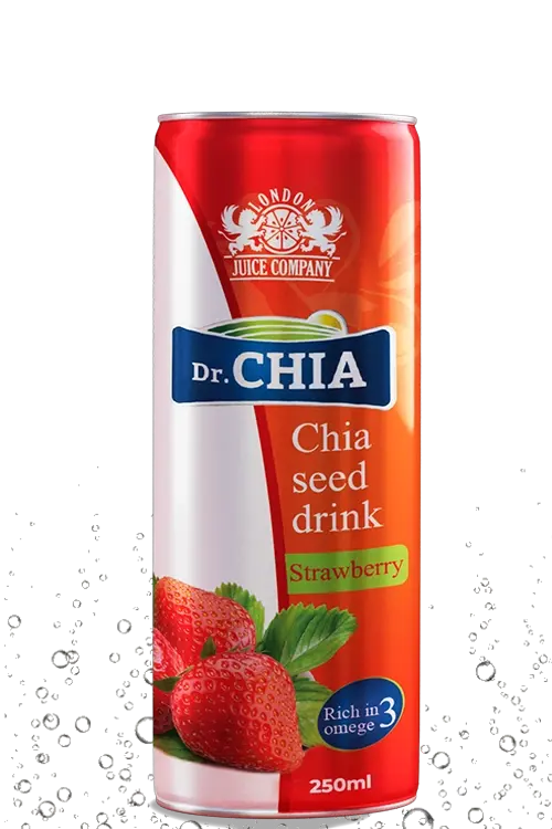 A can of &quot;Dr. CHIA&quot; Chia Seed Drink flavored with strawberry, presented with a red can showing strawberries, marked as rich in Omega 3.