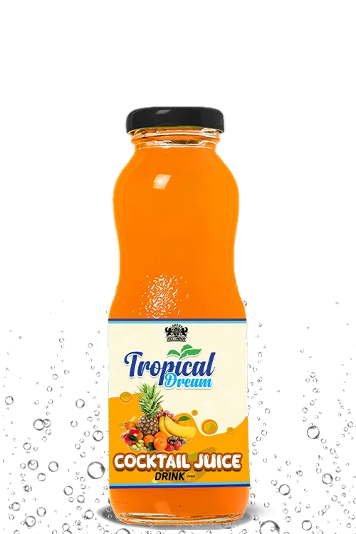 Tropical Dream Cocktail Juice Drink by London Juice Company in a curvy clear glass bottle with a black cap.
