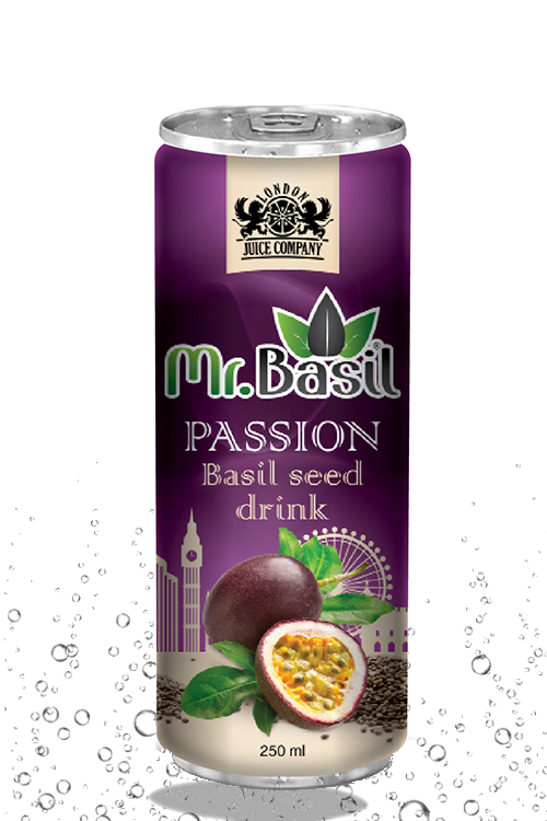 Passion fruit basil seed drink in 250ml can with purple design