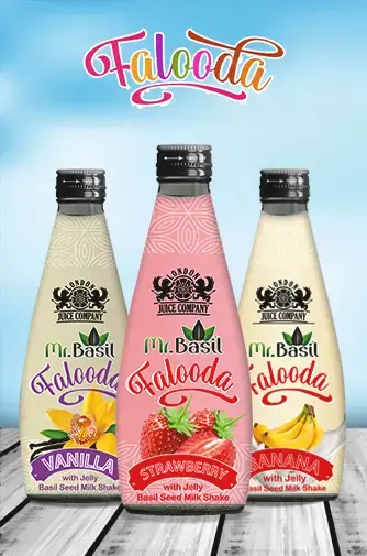 Mr. Basil Falooda — dessert-style non-carbonated drink with basil seeds and jelly (Vanilla, Pistachio, Banana)