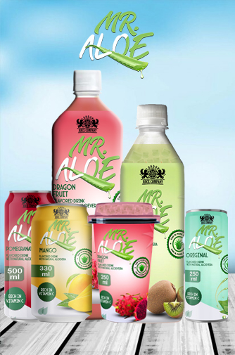 Mr. Aloe beverage product range showing bottles cans and cups