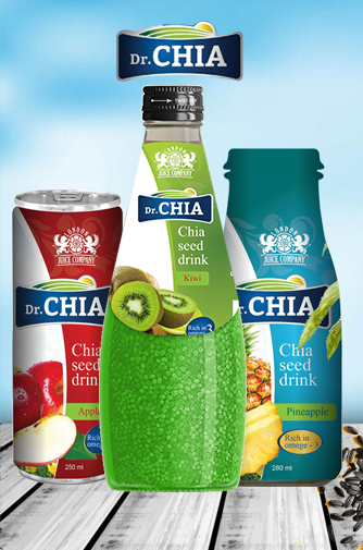 Dr. CHIA chia seed drinks in Kiwi 290ml glass bottle, Apple 250ml can and Pineapple 280ml bottle.