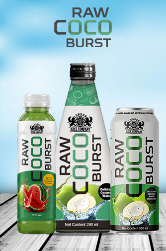 RAW Coco Burst — 100% coconut water with coconut pulp in cans and bottles by London Juice Company (Namar Limited)