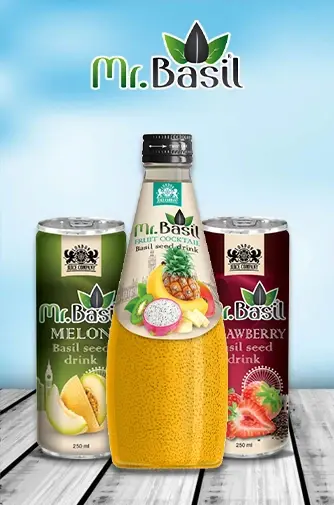 Mr. Basil basil seed drinks featuring Melon, Fruit Cocktail and Strawberry flavours in cans and glass bottle.