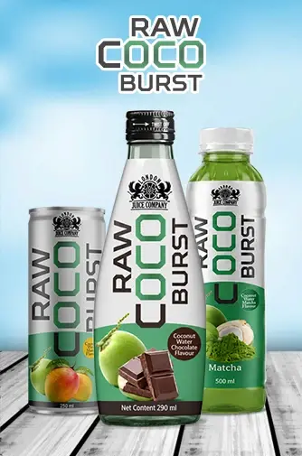 RAW Coco Burst drinks featuring Chocolate and Matcha flavours in can, 290 ml glass bottle and 500 ml PET bottle formats.