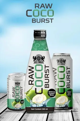 RAW Coco Burst Coconut Water by London Juice Company – refreshing natural coconut water with pulp available in bottle, can, and 500ml packaging.
