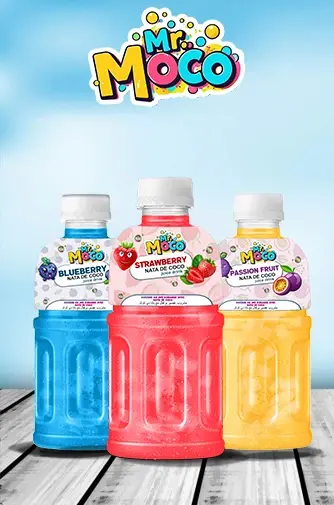 Three Mr. Moco juice drinks – Blueberry, Strawberry, and Passion Fruit.