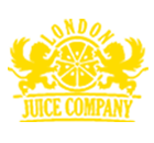 Gray-scale logo of 'London Juice Company' with two lions flanking a ship wheel, adorned with banners and stars.