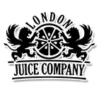 Gray-scale logo of 'London Juice Company' with two lions flanking a ship wheel, adorned with banners and stars.